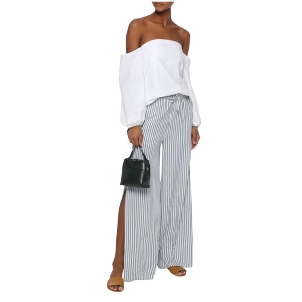 Onia Chloe Wide Leg Pants Medium Green White Striped Beach Resortwear Vacation